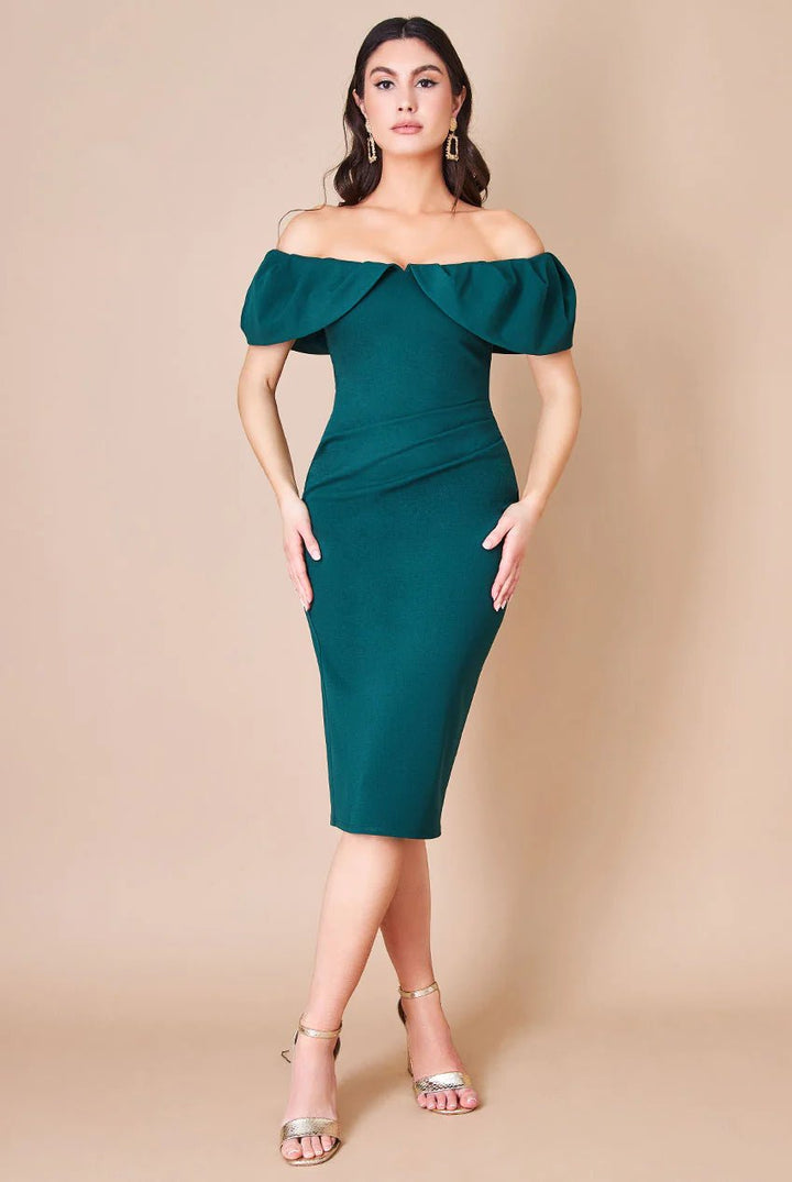 Scuba Crepe Pleated Bardot Plus Size Midi Dress in Blush or Emerald - Curvy Chic Boutique