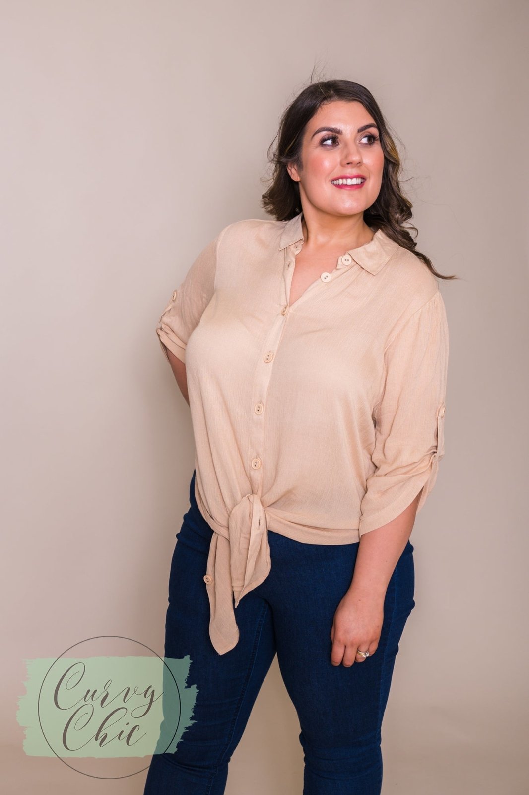 Tess Crinkle Shirt - Sand - Curvy Chic Boutique