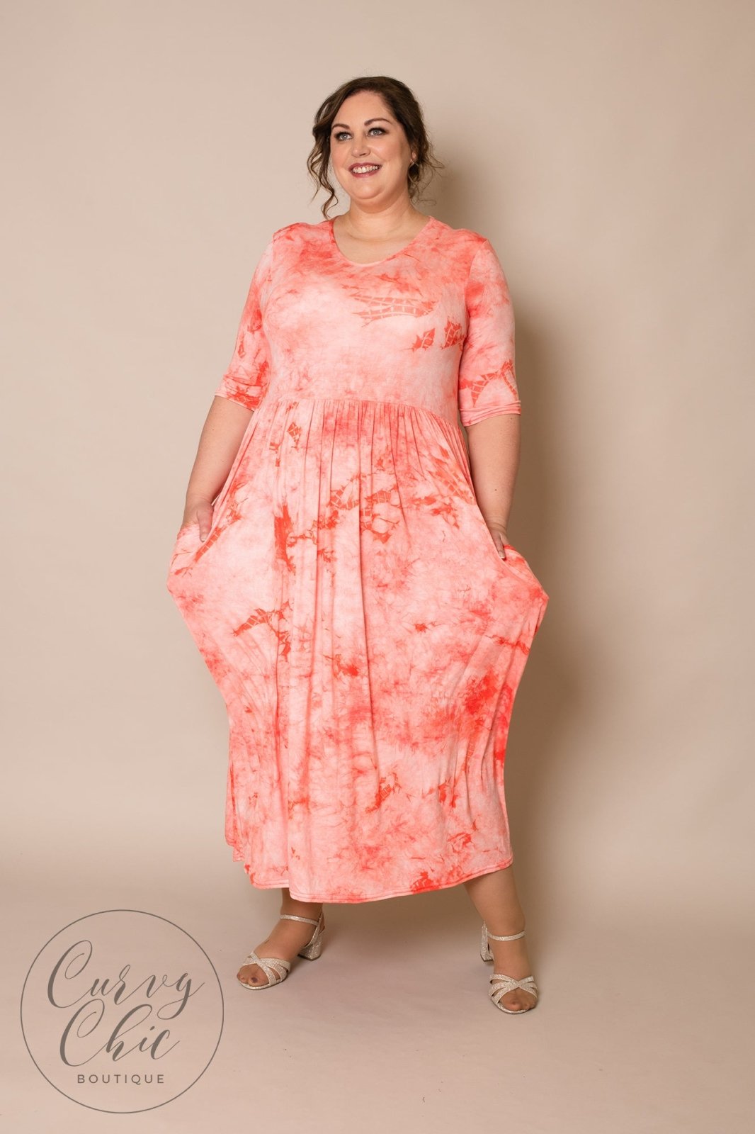 Tie Dye Stretchy Maxi Dress with pockets and sleeves - Curvy Chic Boutique