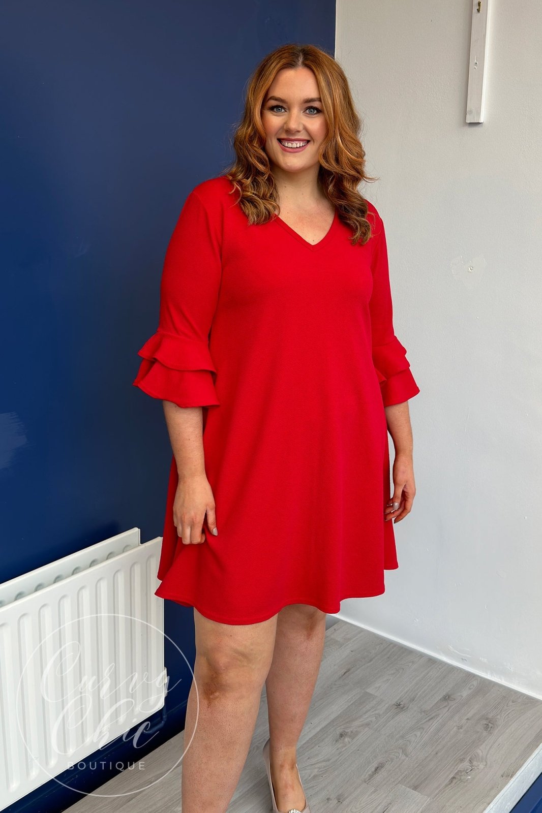 V-neck Plus Size Fluted Sleeve Midi Dress in Black or Red - Curvy Chic Boutique