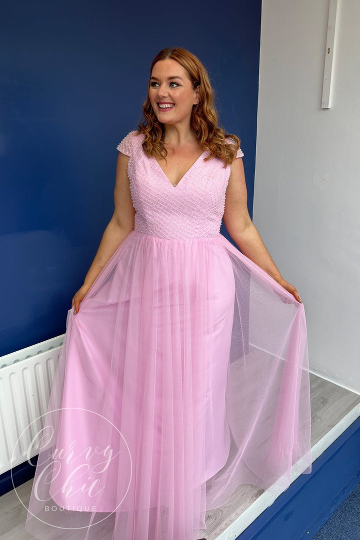 Violet | Candy Pink Formal Dress with Embroidered Embellished Bodice - Curvy Chic Boutique