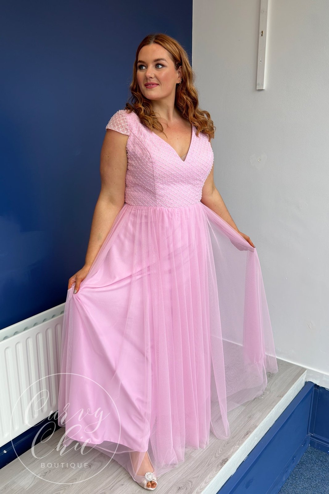 Violet | Candy Pink Formal Dress with Embroidered Embellished Bodice - Curvy Chic Boutique