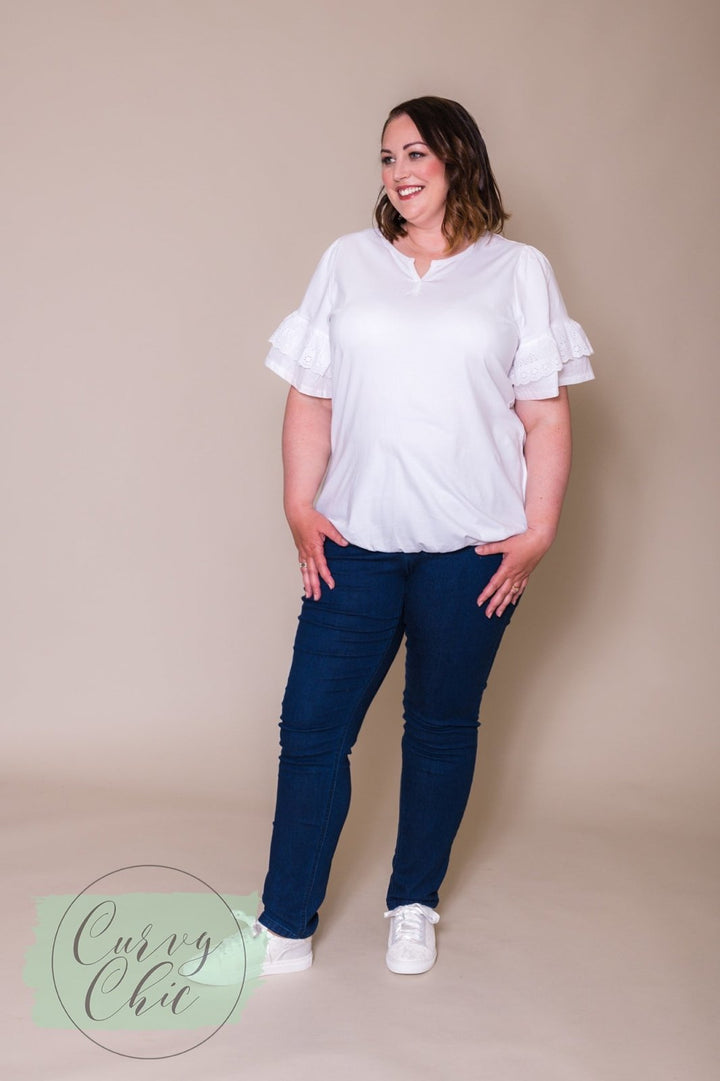 White Frill Sleeve T-Shirt - Sustainable Collection - Curvy Chic Boutique