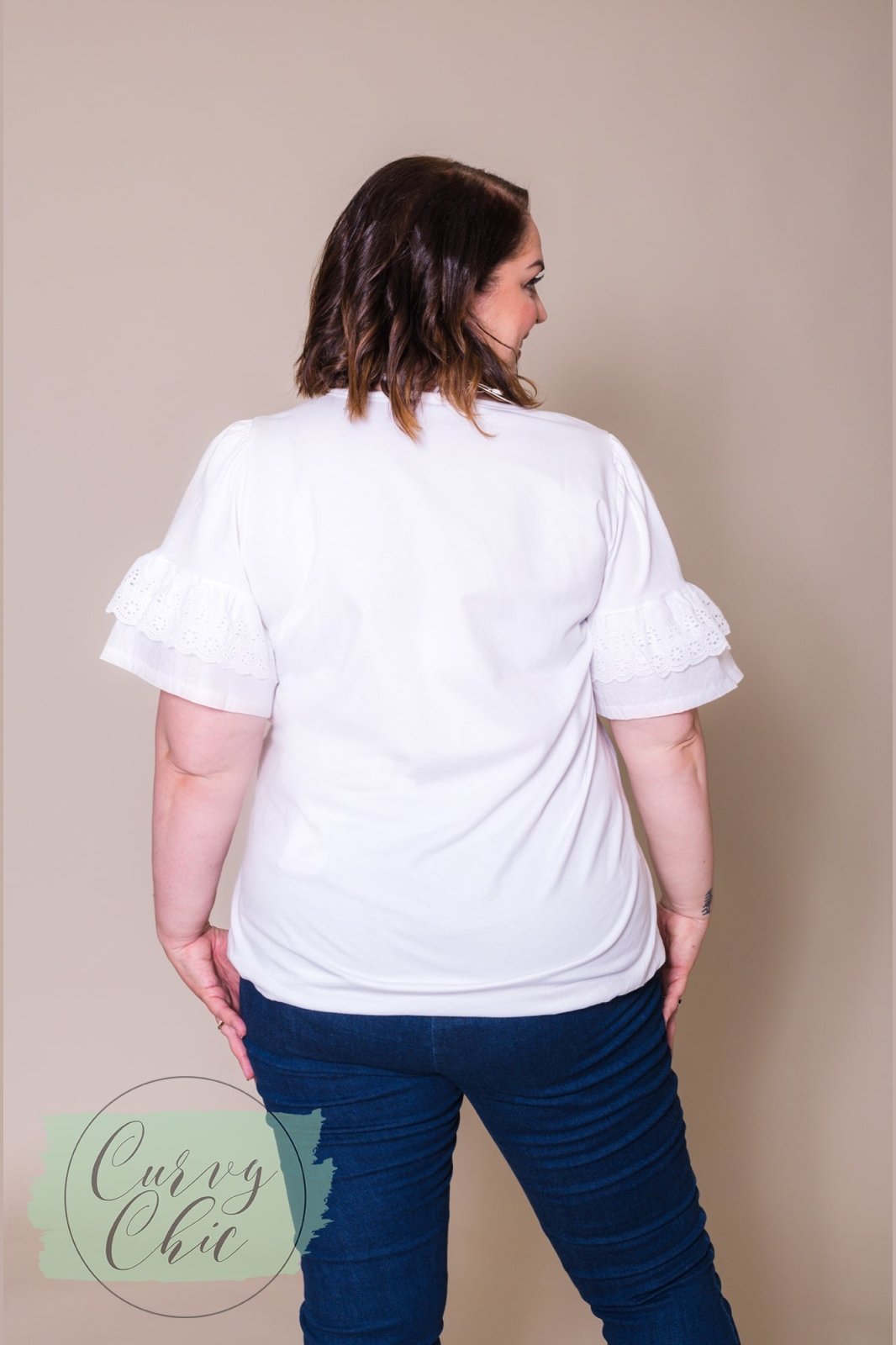 White Frill Sleeve T-Shirt - Sustainable Collection - Curvy Chic Boutique